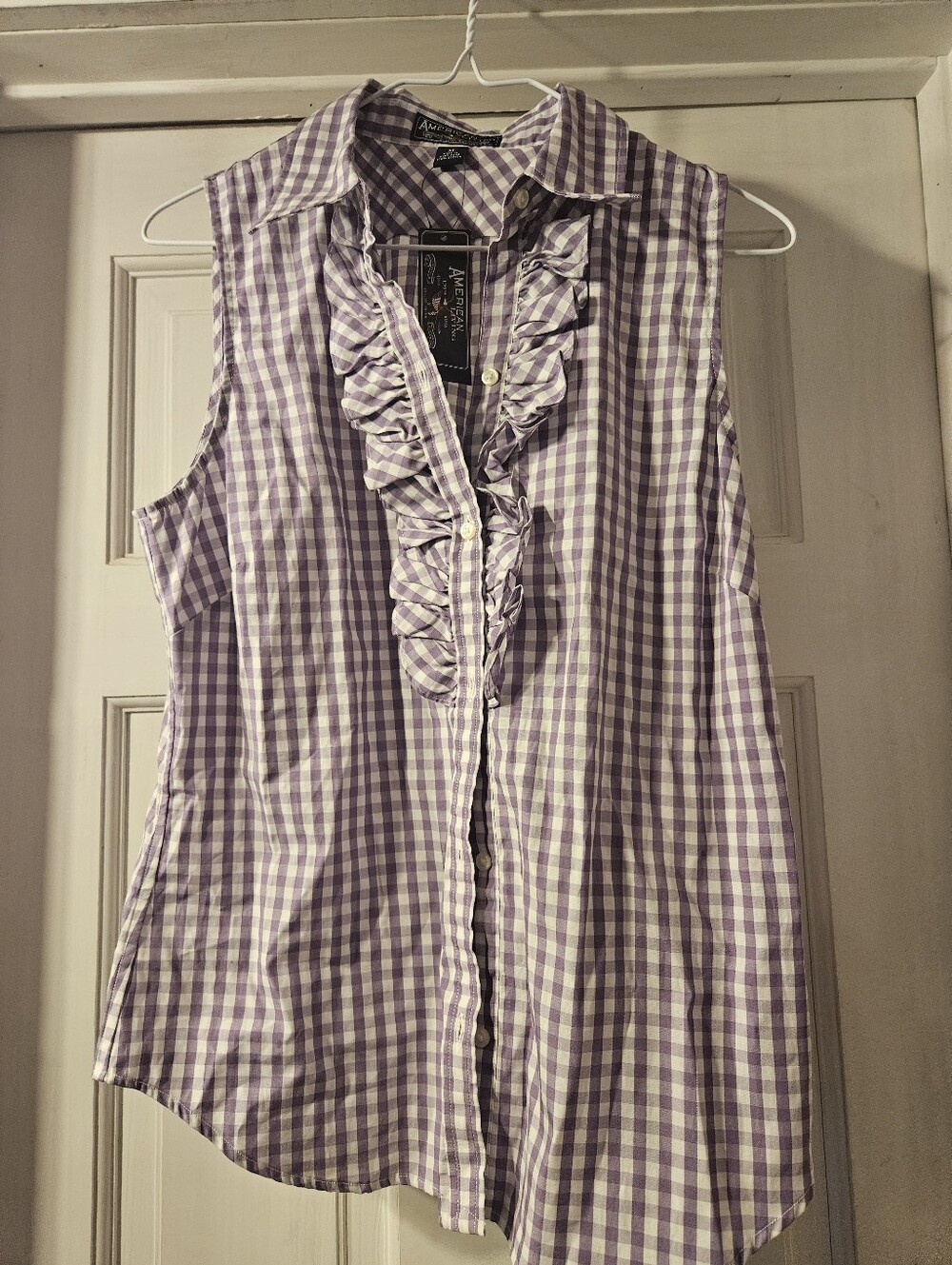 Amerixan Living Lavender Gingham Ruffle Sleeveless Button-Down Top Size M